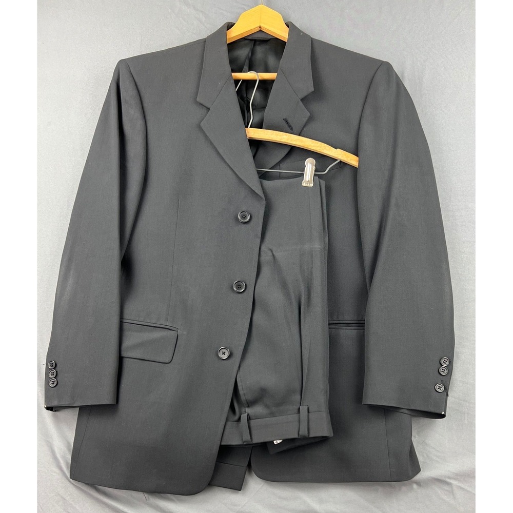 Kenneth Cole New York Suit Mens 40R 32x28 Black 3 Button Pleated Cuffed Good